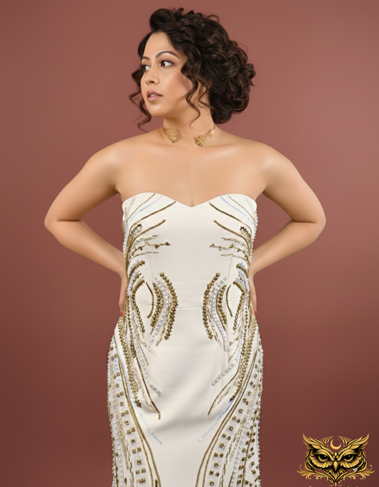 Ivory Plume — Strapless Sweetheart Mermaid Gown with Full-Length Gold Botanical Beadwork
