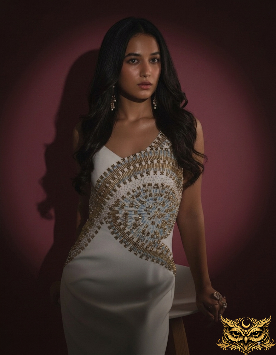 Solar Drift — Ivory One-Shoulder Midi Dress with Gold Starburst Embellishment