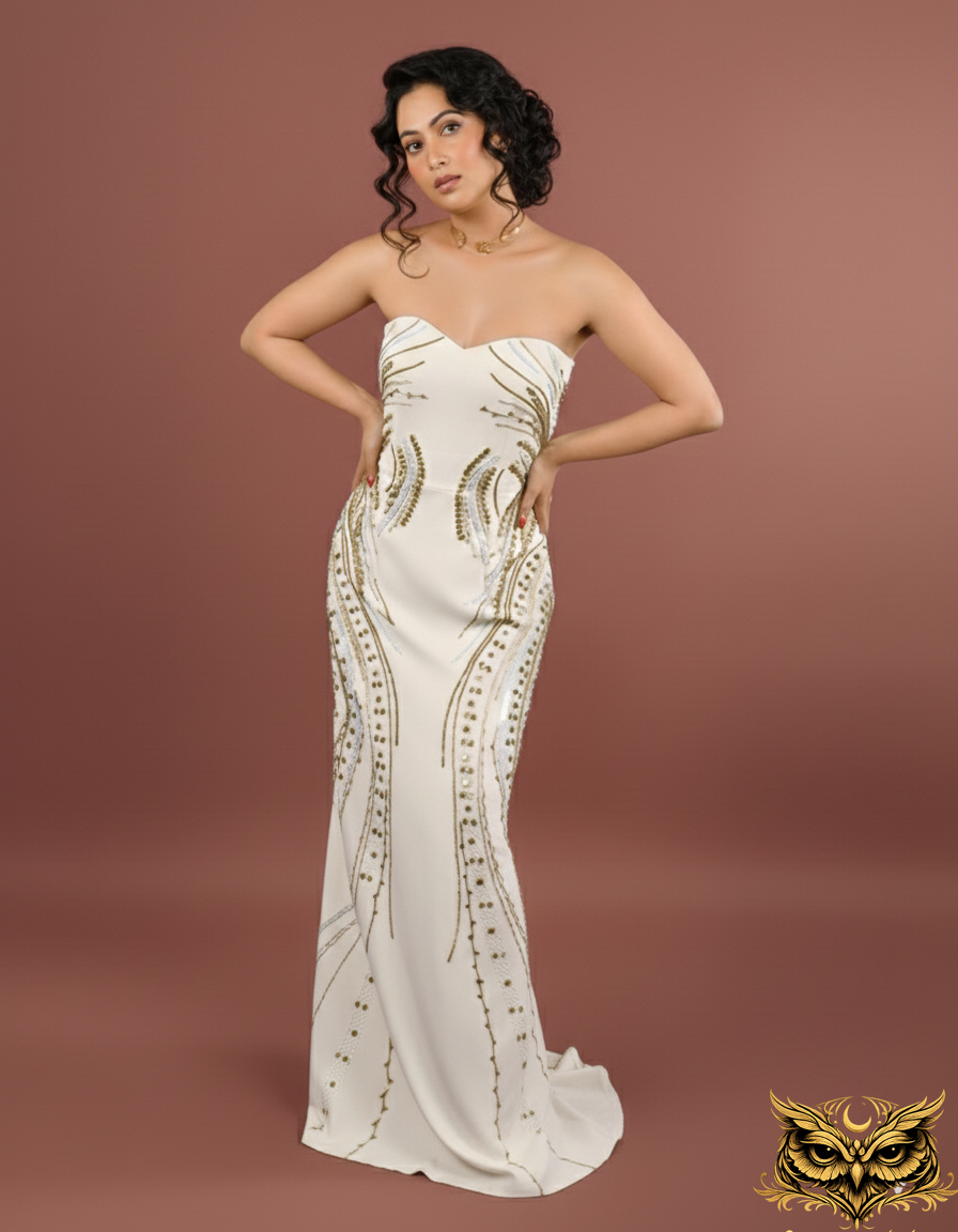 Ivory Plume — Strapless Sweetheart Mermaid Gown with Full-Length Gold Botanical Beadwork
