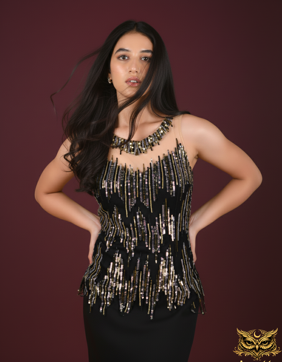 Noir Cascade — Black Embellished Mermaid Gown with Sequin & Bead Fringe Bodice
