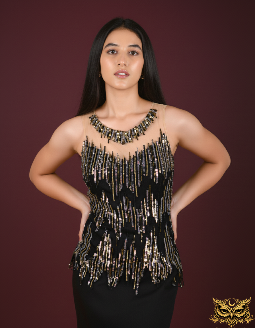 Noir Cascade — Black Embellished Mermaid Gown with Sequin & Bead Fringe Bodice