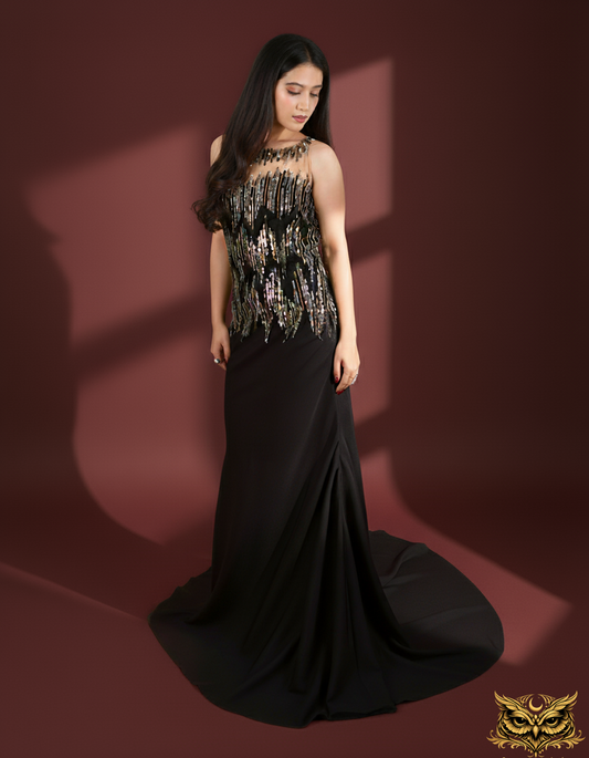 Noir Cascade — Black Embellished Mermaid Gown with Sequin & Bead Fringe Bodice